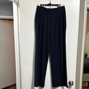 Women’s Navy Pinstripe wide leg pants.